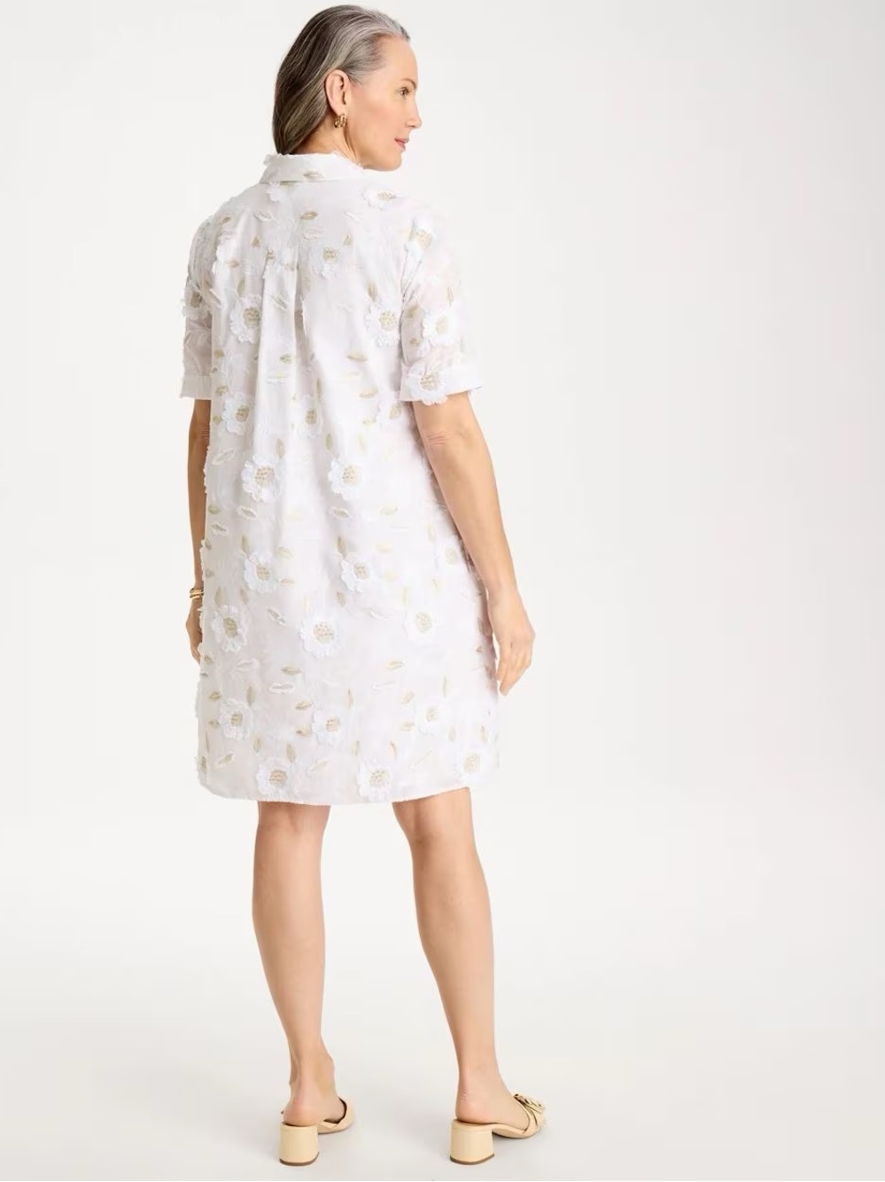 Chico’s 3D Floral Embroidered Dress White Gold Lined Popover Collar - Picture 3 of 11